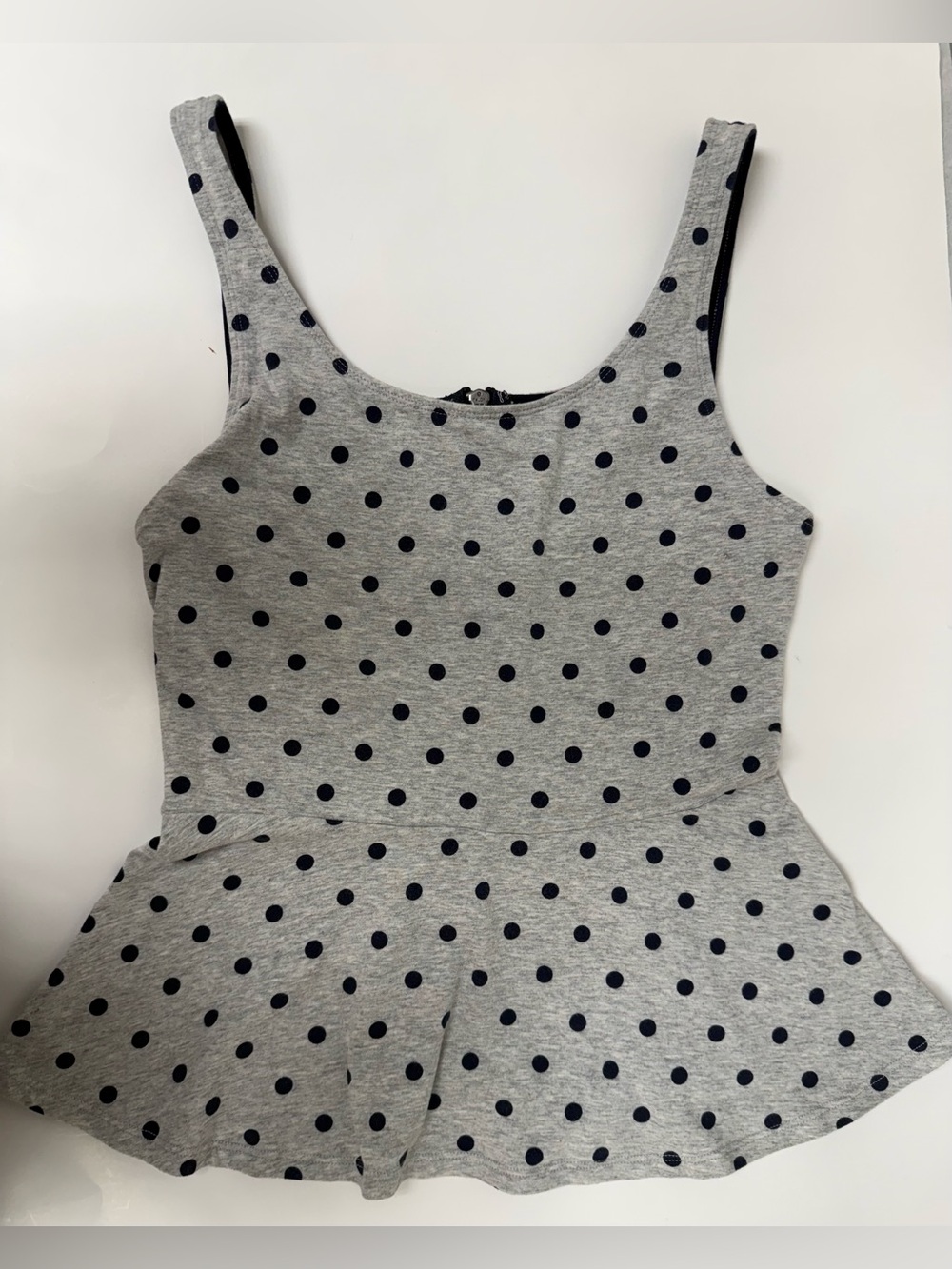 Women’s Express Peplum Tank Top Grey with Navy Polka Dots